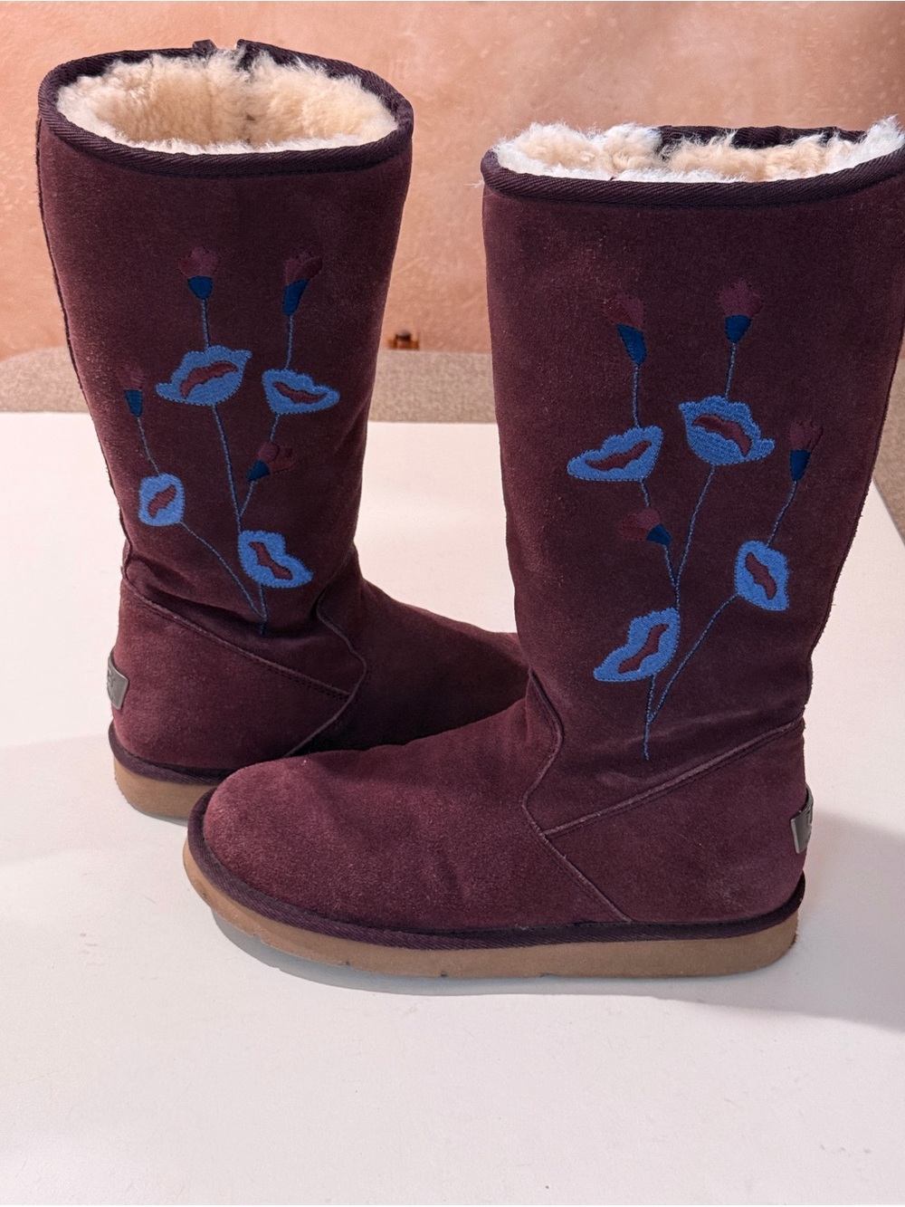 Vintage Y2K UGG Women's Tall Plum Suede Boots with Blue Floral Embroidery Size 8